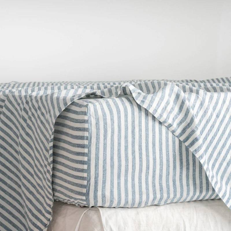 French Flax Linen Fitted Sheet in Marine Blue Stripe