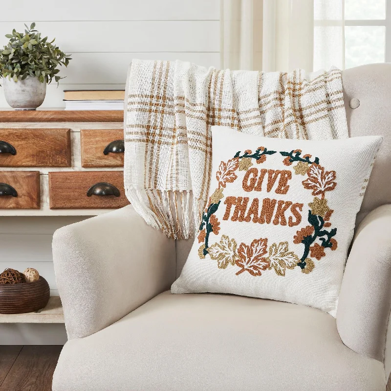 Round Pillows for Boho-Style InteriorsWheat Plaid Give Thanks Pillow 18x18 VHC Brands