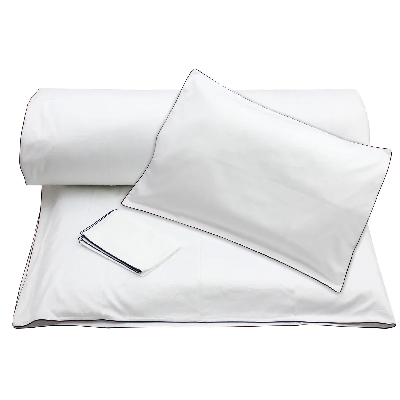 Egyptian cotton duvet covers for a luxurious and soft feelWhite Duvet with Navy Piping + Pillowcases (600 TC)