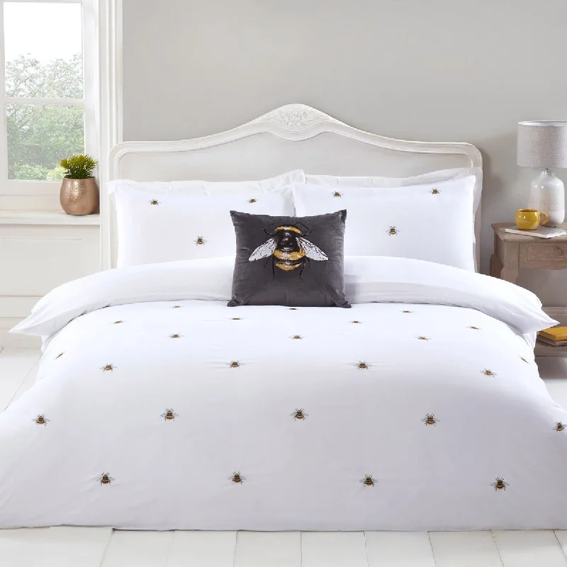 Oversized duvet covers that drape beautifully over the sides of the bed for a luxurious lookBumblebee White Super Soft Embroidered Duvet Set