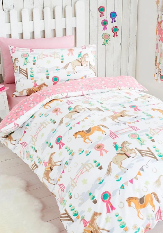 Discounted duvet covers during holiday sales like Christmas, Black Friday, and Cyber MondayPortfolio Horse Show Duvet Set, White & Pink