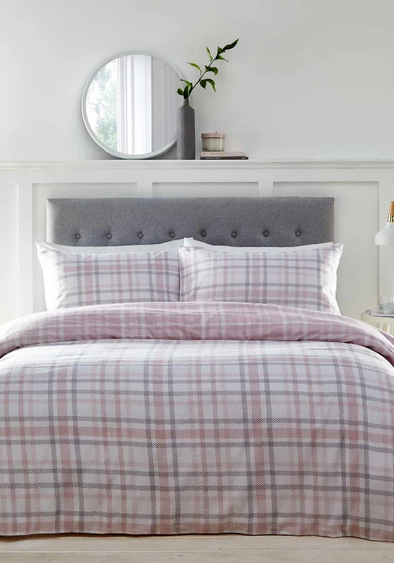 Jersey cotton duvet covers for a stretchy and comfortable fitPortfolio Reversible Brushed Cotton Tartan Duvet Set, Blush Pink