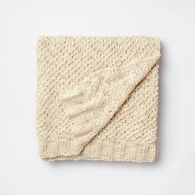 Microfiber blankets that are durable and easy to care forNew - Honeycomb Textured Knit Throw Blanket Cream - Threshold designed with Studio McGee