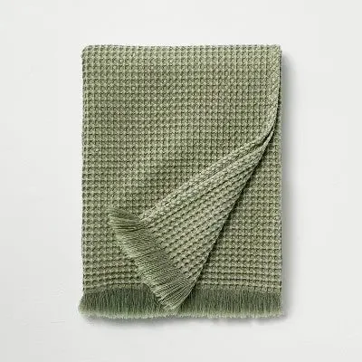 Wool blankets with natural warmth and insulationNew - Waffle Knit Throw Blanket Washed Green - Hearth & Hand with Magnolia: Cozy Linen & Recycled Polyester, Fringe Detail