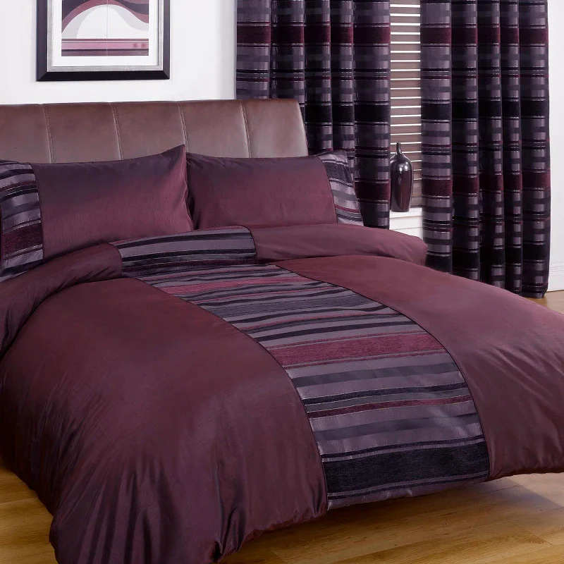 Striped duvet covers with bold or subtle stripes for a classic or nautical feelNew York Faux Silk Aubergine Duvet Cover Set