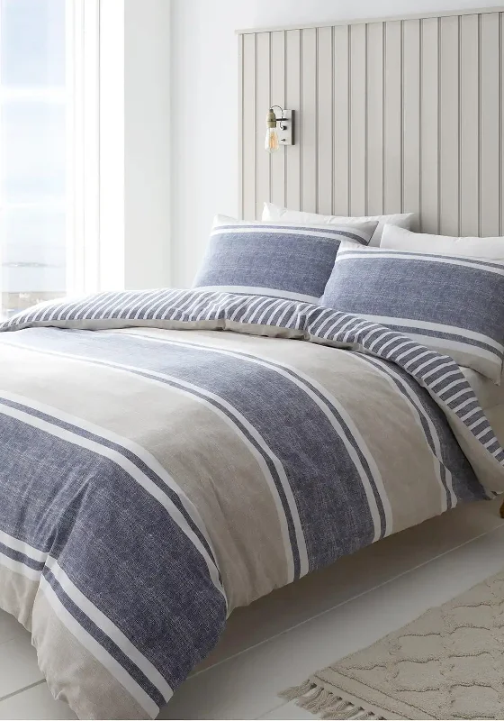 Tie - closure duvet covers with fabric ties for a more decorative and adjustable optionCatherine Lansfield Textured Banded Stripe Duvet Set, Navy