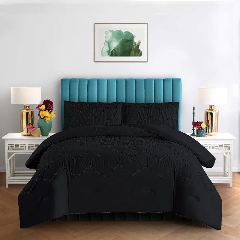 Duck down comforters with a softer feel and good warmth retention3 PC Chevron Pintuck Full Queen Comforter 92in x 92in 2 Shams Black