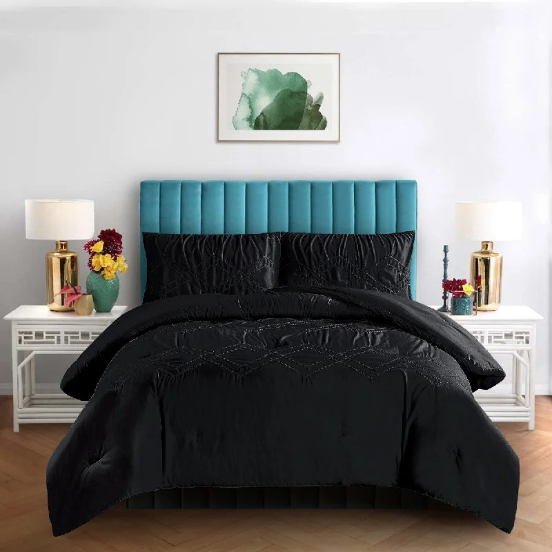 Duck down comforters with a softer feel and good warmth retention3 PC Stitched Pintuck Full Queen Comforter 92in x 92in 2 Shams Black