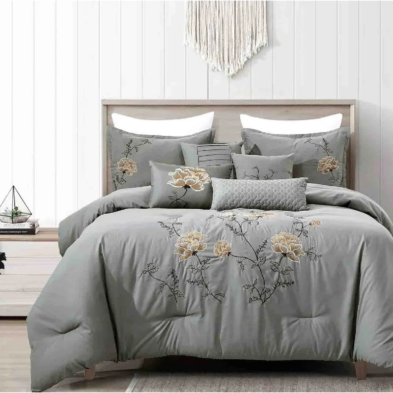 Down - filled comforters for supreme warmth and lightness7 Piece Grey Gold Floral Comforter Set Embroidery Soft Bedding