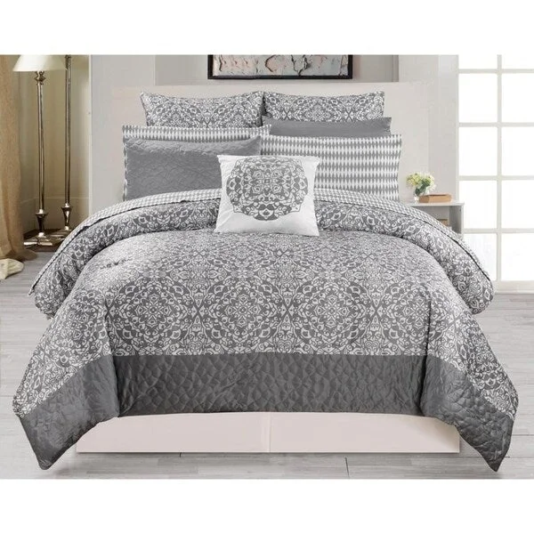 Goose down comforters known for their superior quality and insulationAshlea 10Pc Oversize/Overfilled Queen Comforter Set /Grey