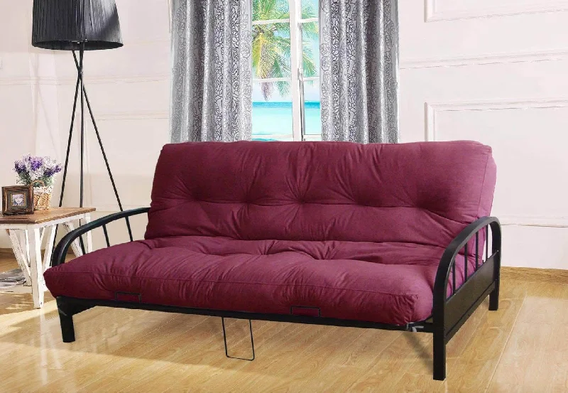 Bamboo - charcoal infused mattresses for odor absorptionShown Burgundy Black Metal Futon