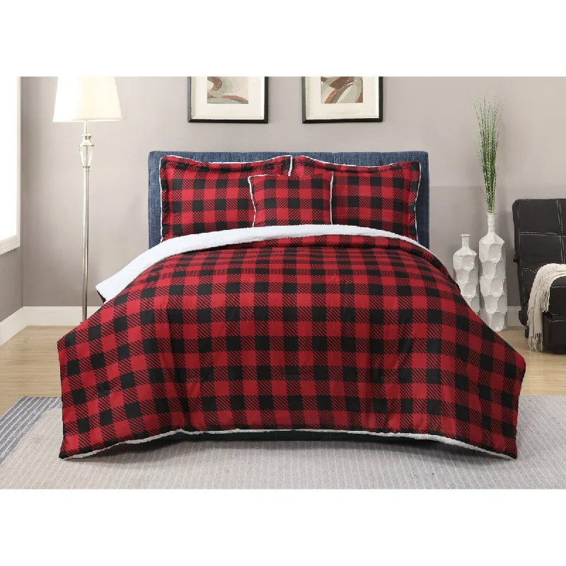 Wool - filled comforters with natural moisture - wicking and temperature - regulating featuresCanyon Plaid Red/Black Sherpa 4-piece Comforter Set