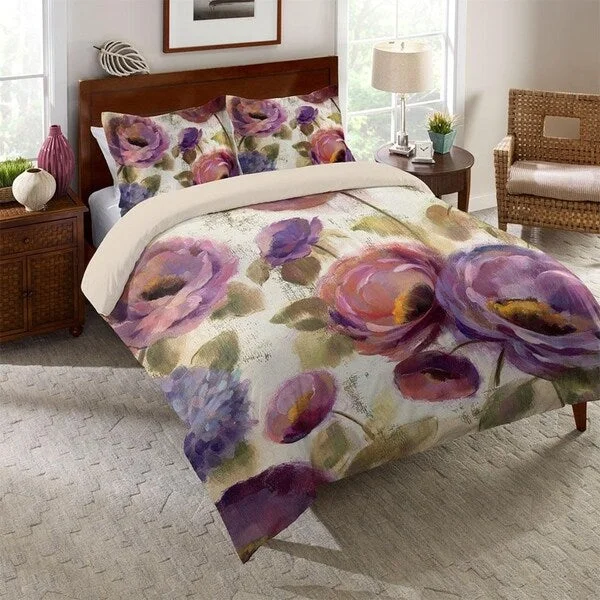 Bamboo - fiber - filled comforters with antibacterial and breathable qualitiesLaural Home Blue and Purple Florals Comforter