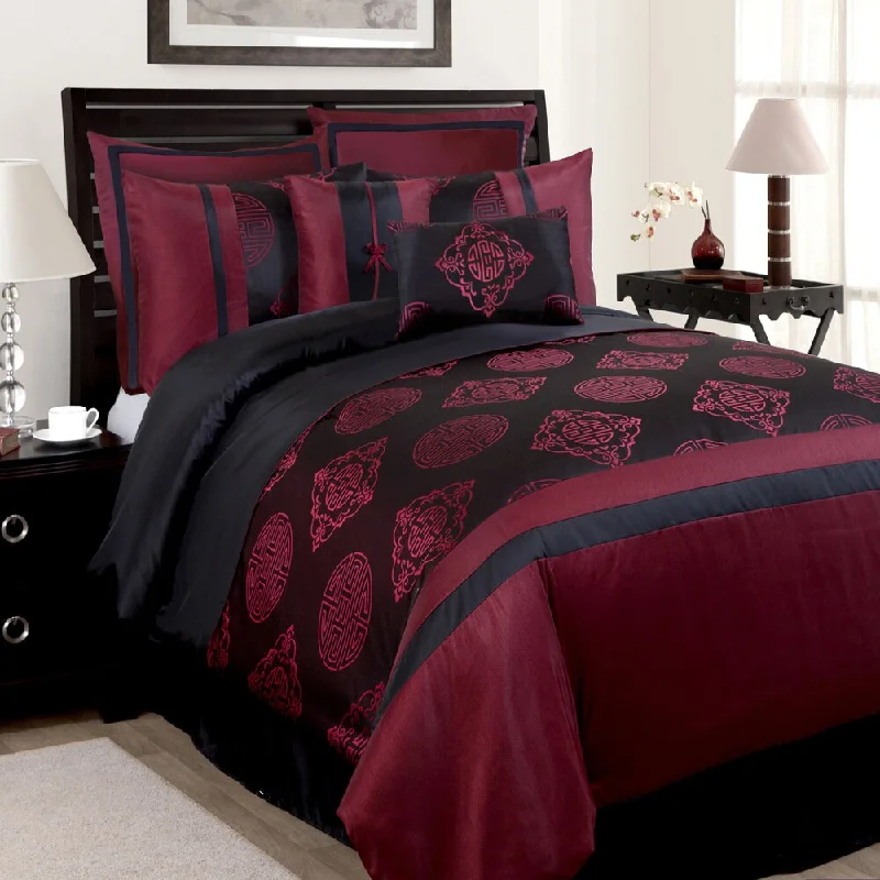 Synthetic - filled comforters like polyester for affordability and hypoallergenic propertiesLush Decor Beijing 8-piece Red Comforter Set