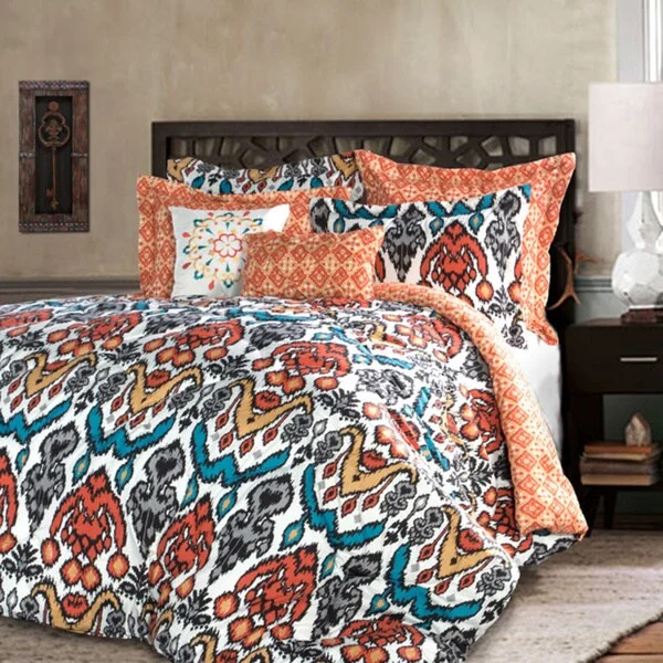 Synthetic - filled comforters like polyester for affordability and hypoallergenic propertiesLush Decor Jaipur Ikat Turquoise and Rust 7-Piece Comforter Set