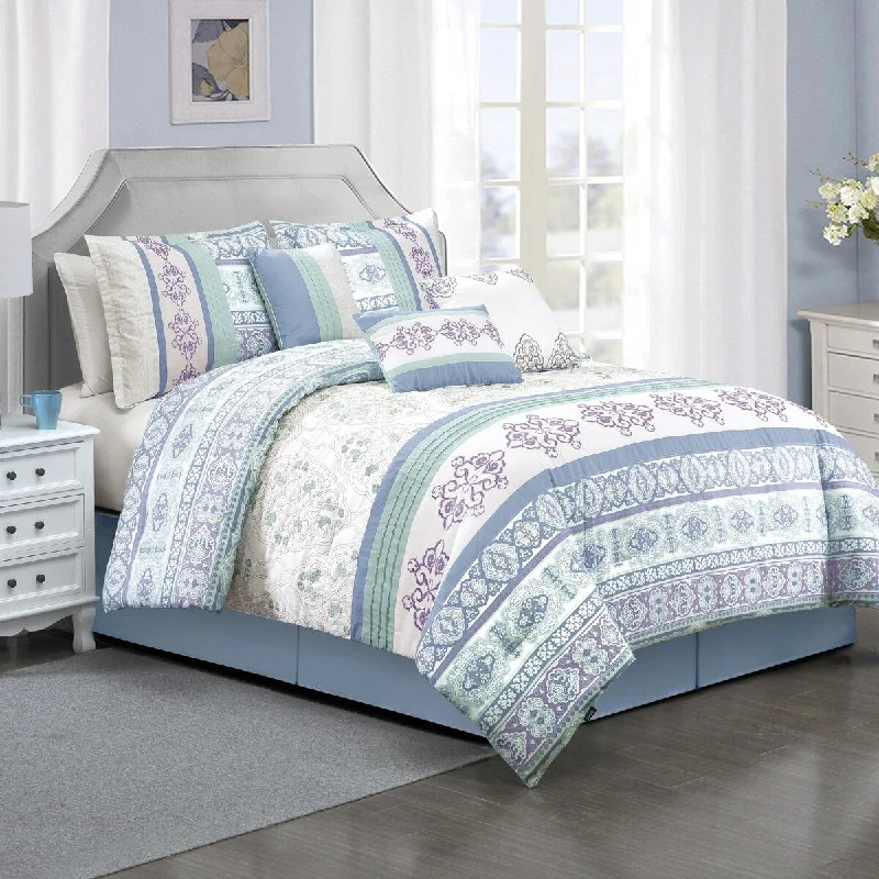 Queen - size comforters for standard queen - sized mattressesPorch & Den Tamaya White/Blue/Purple Microfiber 7-piece Comforter Set