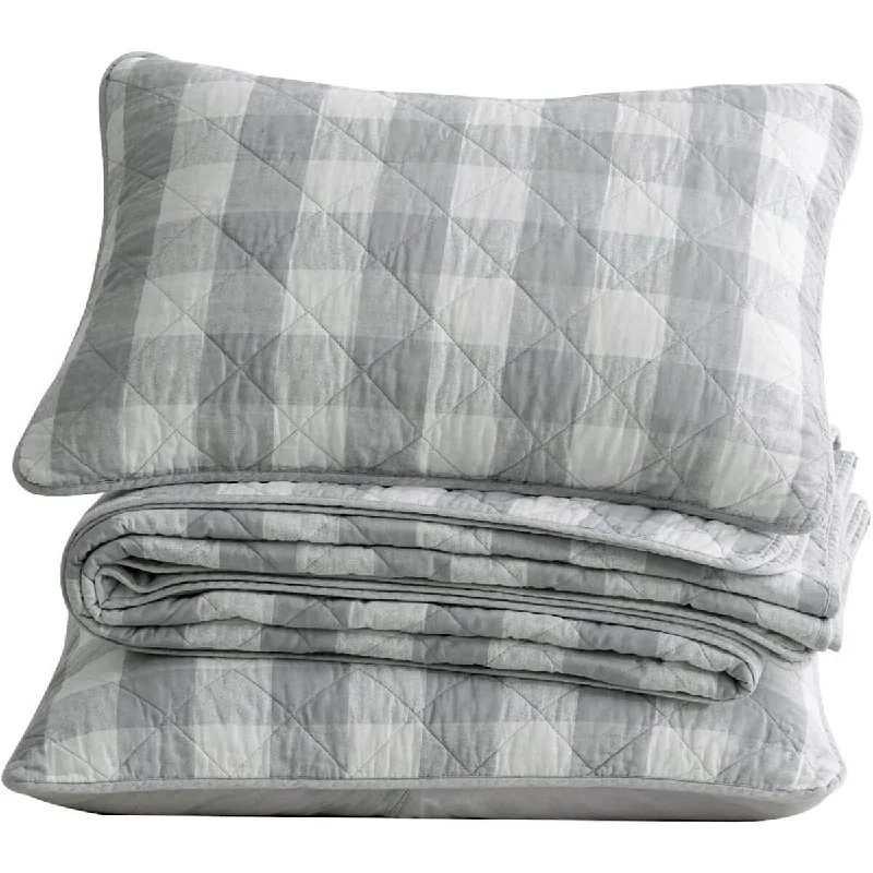 Down - filled comforters for supreme warmth and lightnessSet of 3 Buffalo Check Plaid Cotton Quilt Reversible Bedspread