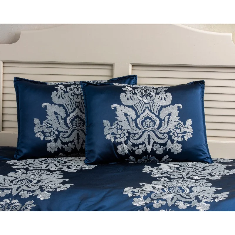 Bamboo - fiber - filled comforters with antibacterial and breathable qualitiesSussex deep blue comforter mini set with light blue damask medallion embroidery