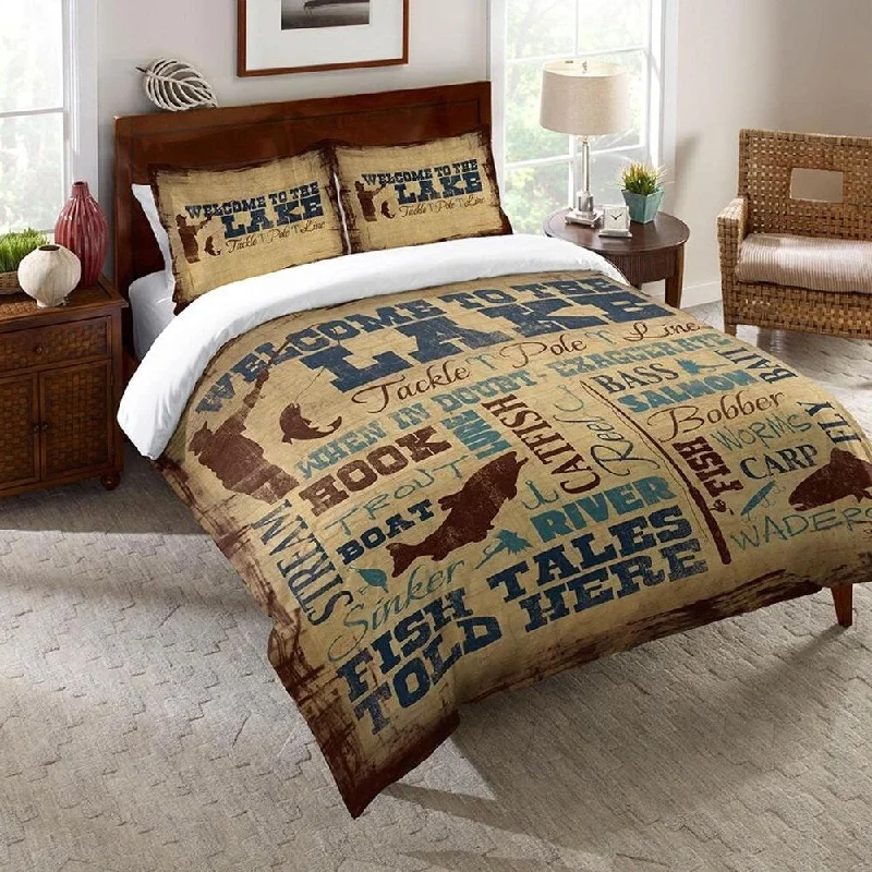 Microfiber - filled comforters that are lightweight and easy to care forWelcome to the Lake Twin Comforter - brown;blue; beige